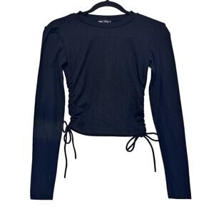 ZARA Black Ribbed Long Sleeve Ruched Drawstring Side Top Womens Small Minimalist